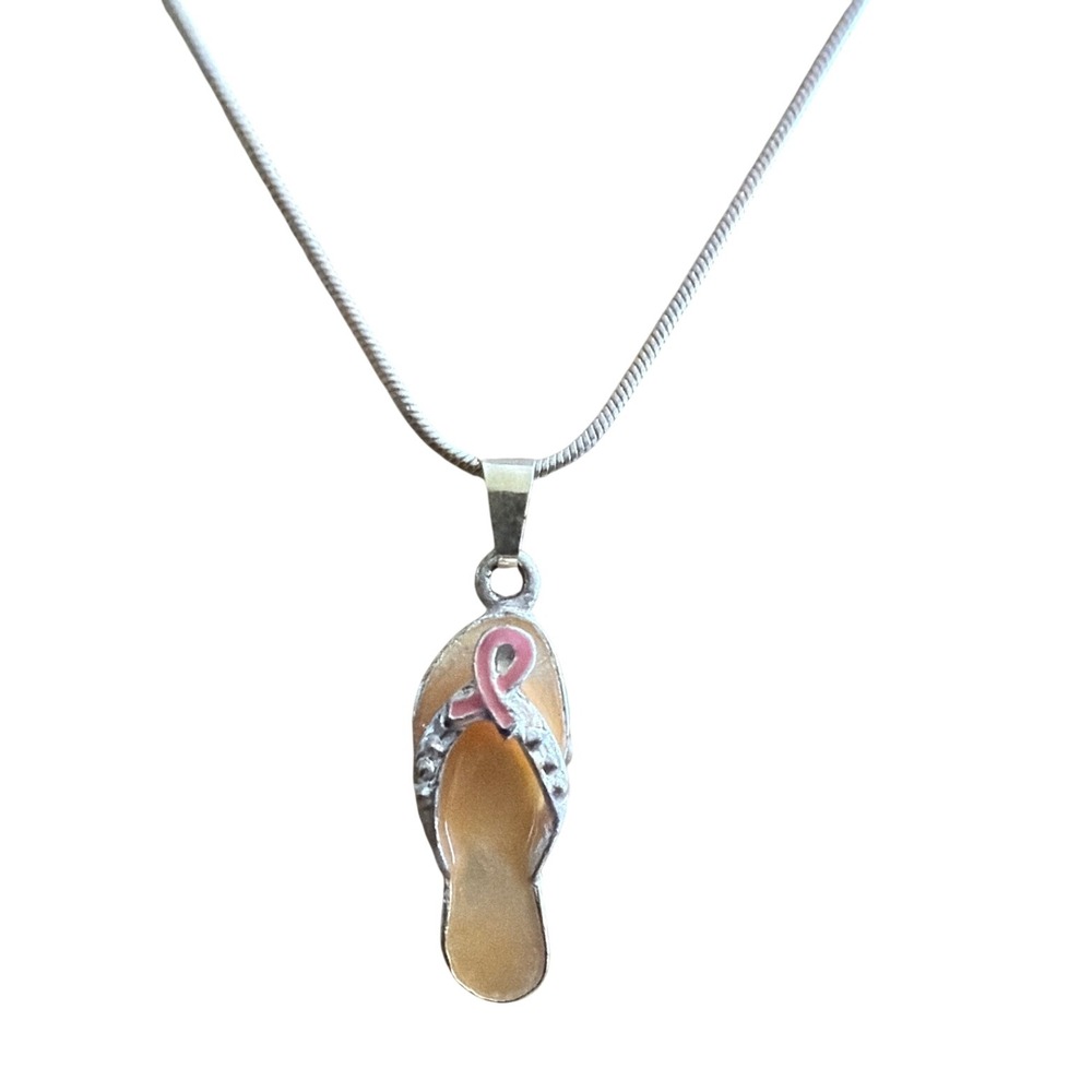 Silver Tone Flip Flop Pink Ribbon Awareness Pendant Necklace Breast Cancer